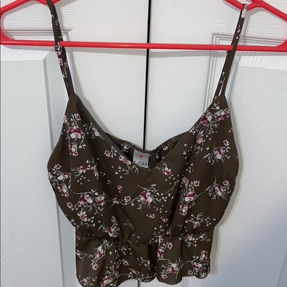 Olive green flowered shirt crop top - Picture 1 of 3